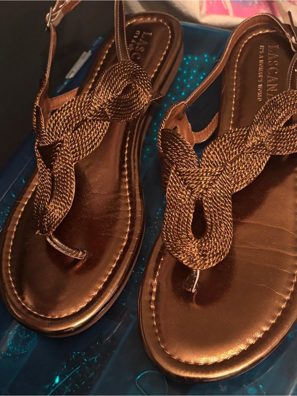 Lascana Size 10 Women’s Metallic Brown Braided Toe-Post Slingback Sandals